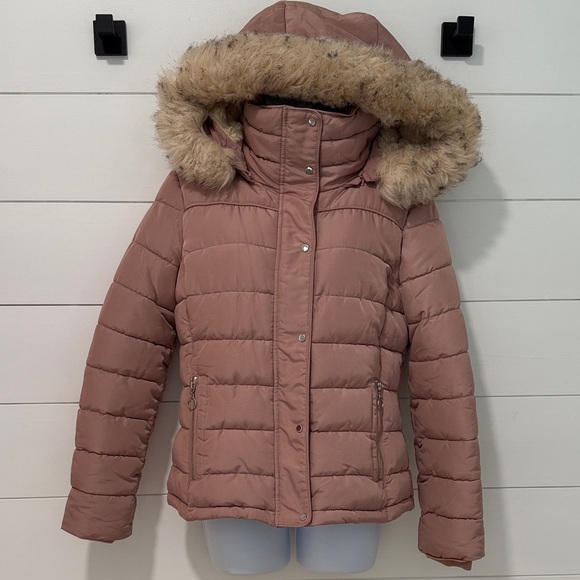 Women's Mauve Puffer Jacket with Faux Fur Trim - Picture 2 of 12